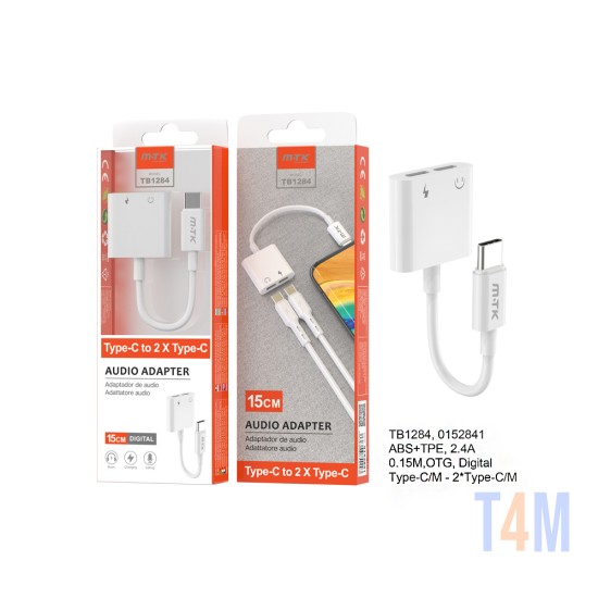 CABO ADAPTADOR MTK TB1284 BL 2 EM 1 TIPO C PARA TIPO C+ÁUDIO TIPO C CARREGANDO 0,15M BRANCO